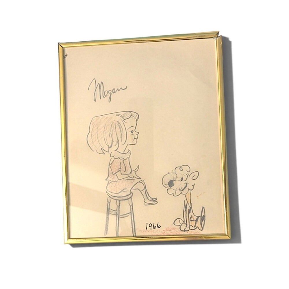 Vintage Original Megan and Dog Drawing Framed Art 1966